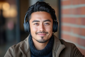 Portrait of a customer service agent with headphones, symbolizing call center or telemarketing environments. The image captures a confident, happy consultant assisting clients, Generative AI