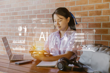 AI Technology for Smart Education concept, School teen looking at Artificial intelligent technology