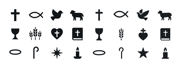 Christian symbols collection: cross, dove, fish, chalice, wheat,