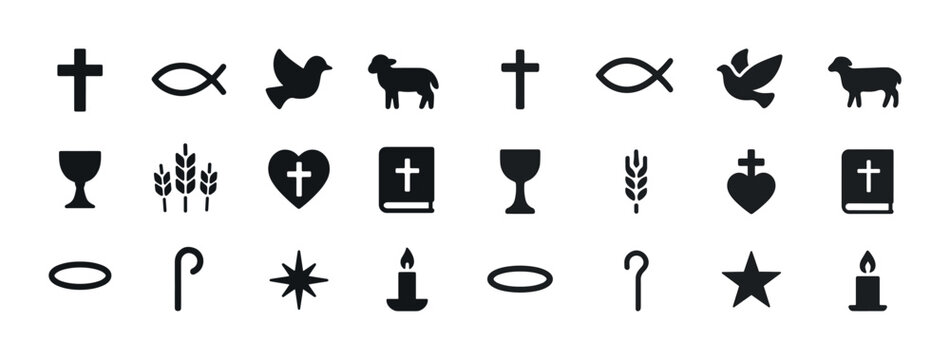 Christian symbols collection: cross, dove, fish, chalice, wheat,
