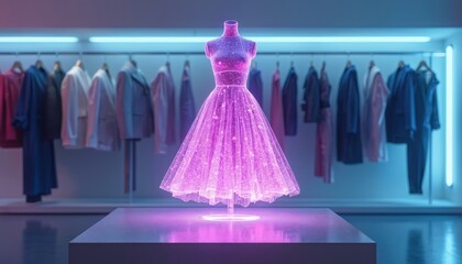 Holographic dress glows with pink light on display stand. Futuristic fashion boutique shows off sparkling garment. Clothes rail with coats in background. Modern retail display.