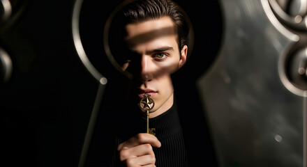 Mysterious young man holding an ornate golden key viewed through a large keyhole silhouette with dramatic cinematic lighting and shadows.