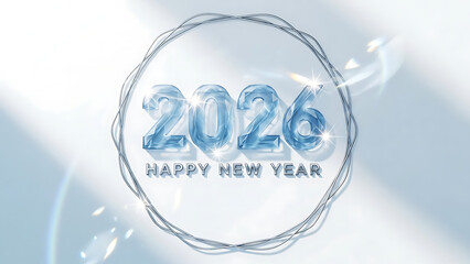 Happy new year 2026 ice crystal numbers elegant silver ring white bright background
