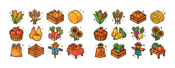 Obraz premium Colorful autumn harvest icons: corn, pumpkins, sunflowers, hay,