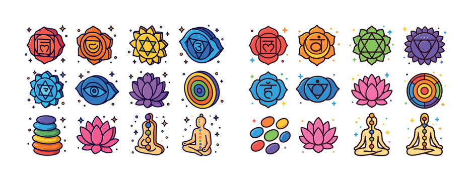 Colorful chakra symbols and meditation icons with lotus and mand
