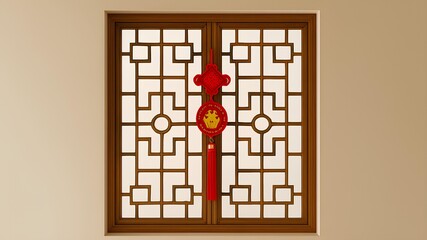 Asian style window with festive red hanging decor for interior celebration atmosphere