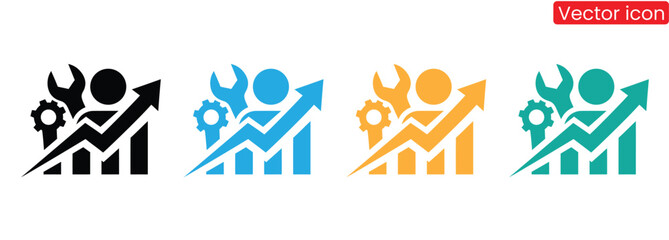 A set of colorful vector icons depicting people working with tools and graphs, conveying teamwork, growth, and progress in a business or industrial setting