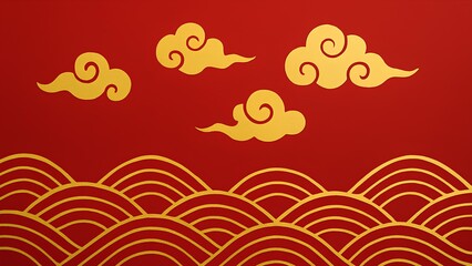 Gold abstract waves and clouds on red background in horizontal modern frame for Asian decorative and festive design