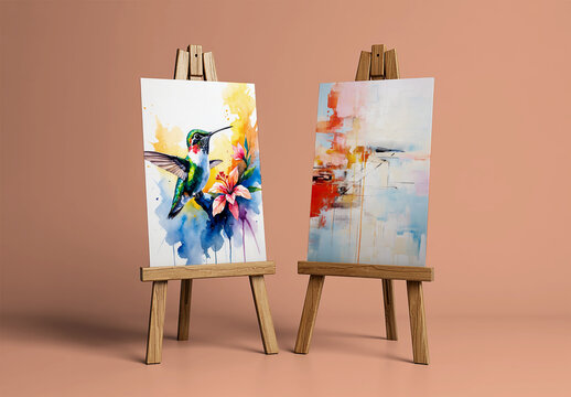 Dual Art Easel Mockup with Watercolor Bird Painting