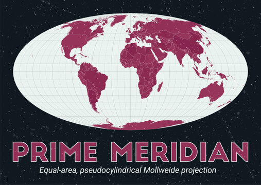 Prime Meridian. World map. Equal-area, pseudocylindrical Mollweide projection centered to Prime Meridian. Pale Mint Dark Pink palette. Vintage texture. Awesome vector illustration.