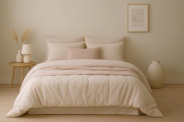 Minimalist bedroom interior with soft neutral bedding natural light