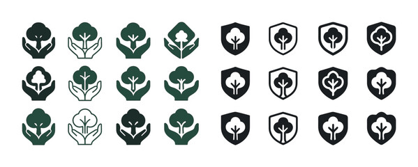 Eco-friendly tree icons set: hands, shields, and nature symbols