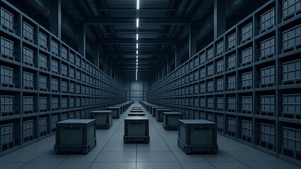 Automated robotic warehouse complex with symmetrical storage systems and logistics infrastructure.