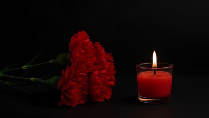 Red carnations and memorial candle on black background, side view, memorial tribute concept with space for text