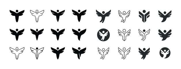 Fototapeta premium Set of diverse angel icons in black and white silhouettes