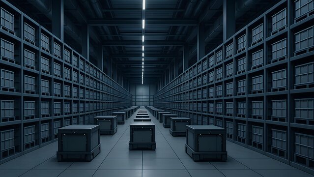 Automated robotic warehouse complex with symmetrical storage systems and logistics infrastructure. - Powered by Adobe