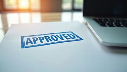 Close-up of an APPROVED stamp on a document next to a laptop. This signifies completion of a business process. It suggests a positive outcome in an office setting, indicating a successful task.