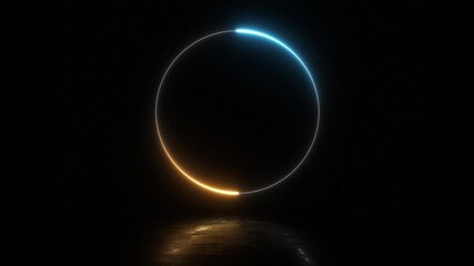 Glowing neon golden and blue circle loading animation with reflection on black background in retro style. 4k video - Powered by Adobe