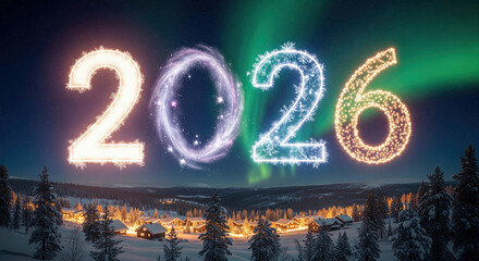 Celebrating the year 2026 with glowing numbers over a snowy village landscape under the northern lights, creating a festive and magical atmosphere.