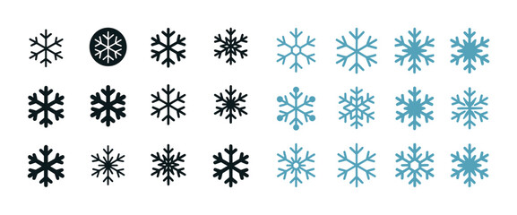 Variety of snowflake icon designs in black and blue