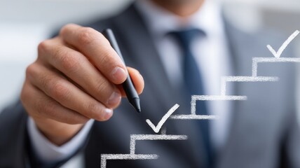 Businessman drawing upward steps with a checkmark, illustrating concept of business progression, planning, achievement and successful