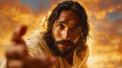 Jesus christ extending a hand, symbolizing guidance, invitation, and faith, set a cloudy divine, background against