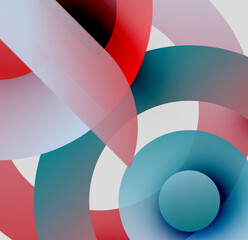 Obraz premium Abstract composition. Overlapping circles create dynamic visual effect. Red, teal, white hues dominate design. Minimalist, modern aesthetic.