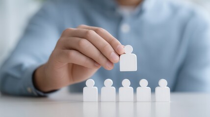Hand selecting a key wooden person a diverse line of wooden figures, illustrating a concept of choosing talent and hr