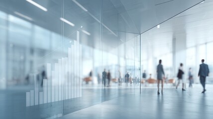 Business people walking in modern office corridor with financial growth chart success overlay, and progress illustrating