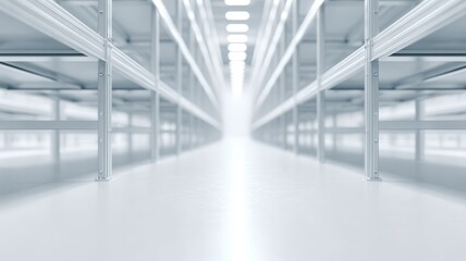 Empty modern storage facility corridor presenting vast arrays of white metal shelving, clean for ready optimal organization