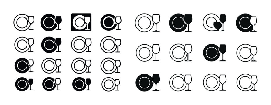 Variety of table setting icons with plates and glasses in black