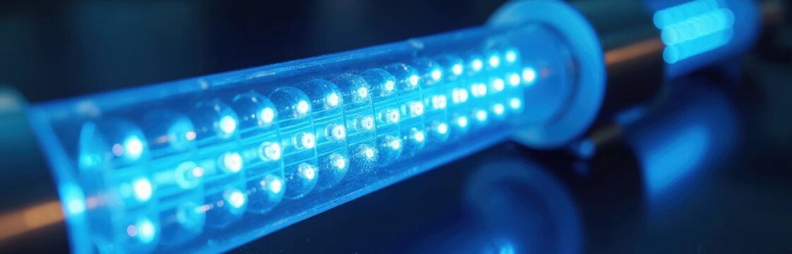 Close up of blue light emitting diode array in tube. High intensity long life energy efficient source for industrial use in sterilization and curing processes. Modern tech equipment.