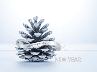 Elegant New Year Pine Cone with Silver Frost, Festive Decoration for Fresh Start, Clean White Blue Background, Winter Season Greeting