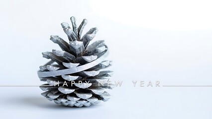 Elegant New Year Pine Cone with Silver Frost, Festive Decoration for Fresh Start, Clean White Blue Background, Winter Season Greeting