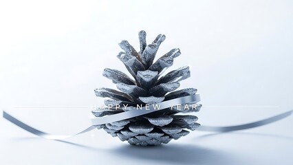 Elegant New Year Pine Cone with Silver Frost, Festive Decoration for Fresh Start, Clean White Blue Background, Winter Season Greeting
