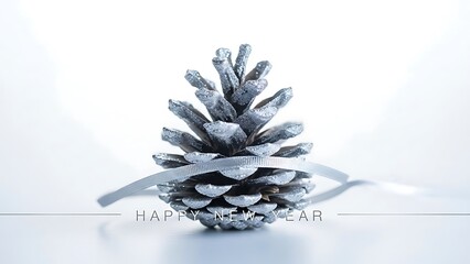 Elegant New Year Pine Cone with Silver Frost, Festive Decoration for Fresh Start, Clean White Blue Background, Winter Season Greeting
