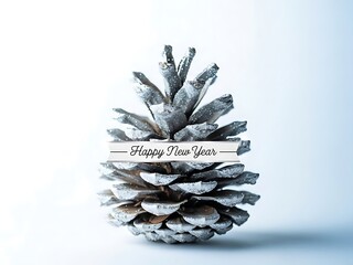 Elegant New Year Pine Cone with Silver Frost, Festive Decoration for Fresh Start, Clean White Blue Background, Winter Season Greeting