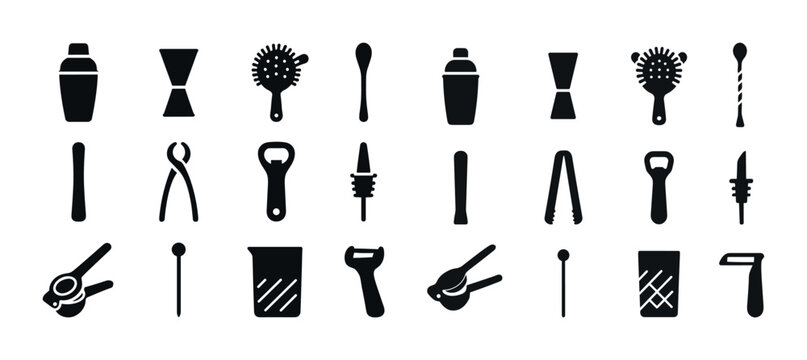 Silhouettes of bar tools in rows on white background