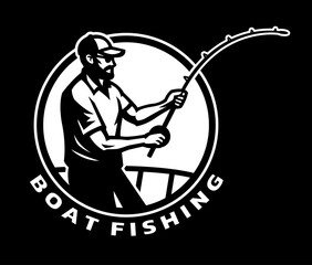 Boat fishing. Logo of a fisherman with a fishing rod on dark background.