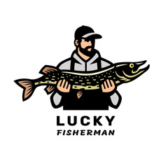 Lucky fisherman. Logo of a fisherman with a pike.