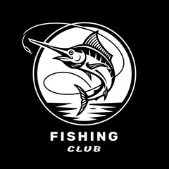 Fishing club logo with an image of a tuna on dark background.