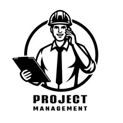 Project manager logo. A man in a hard hat talking on the phone.
