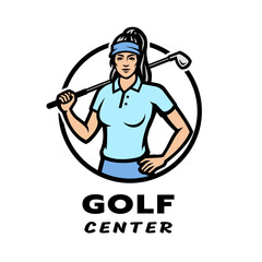 Golf center logo. Girl with a golf club.