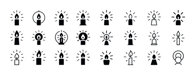 Set of minimalist candle icons in various styles and designs