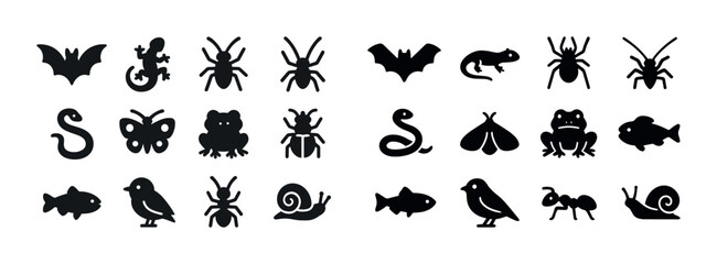 Silhouette icons of insects, reptiles, birds, fish, and amphibia