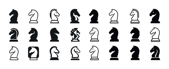 Naklejka premium Collection of diverse chess knight icons in black and white styl