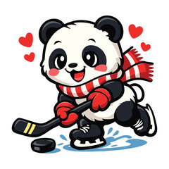 Obraz premium Cute Panda Playing Ice Hockey Cartoon Illustration