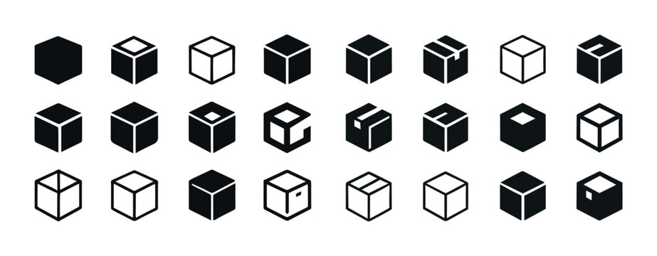 Twenty-four geometric cube icons in black and white