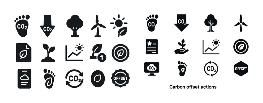 Carbon offset actions icon set: co2 reduction symbols and eco-fr