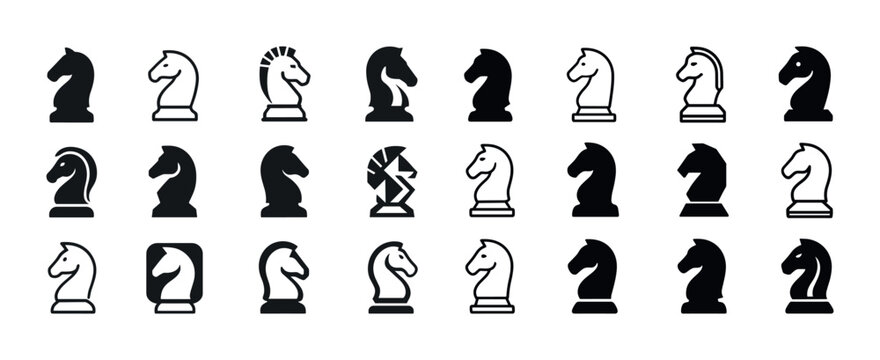 Collection of diverse chess knight icons in black and white styl